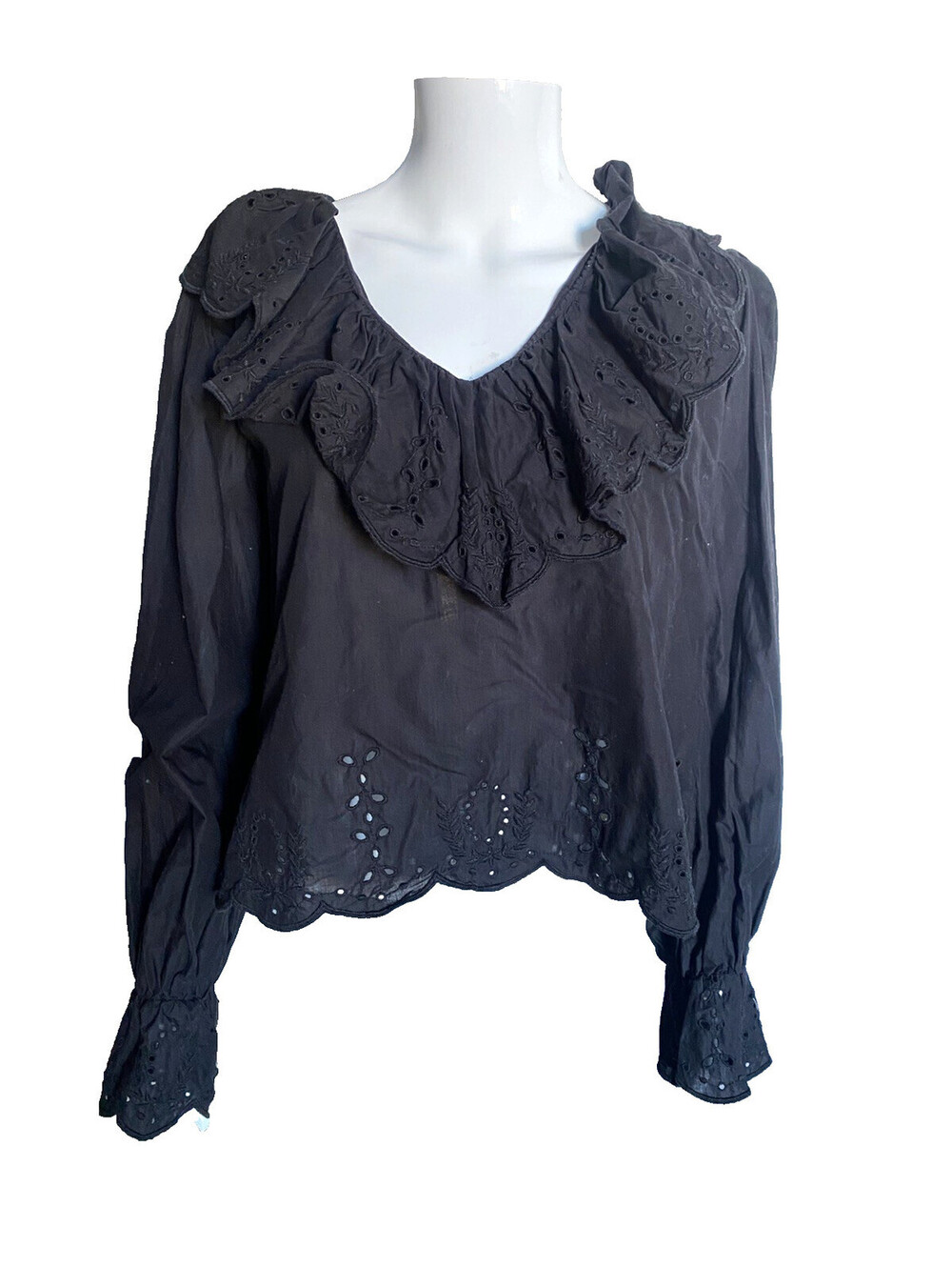 H&M US-4 Black Eyelet Ruffle Blouse V Neck Peplum Cottagecore Boho Ethereal